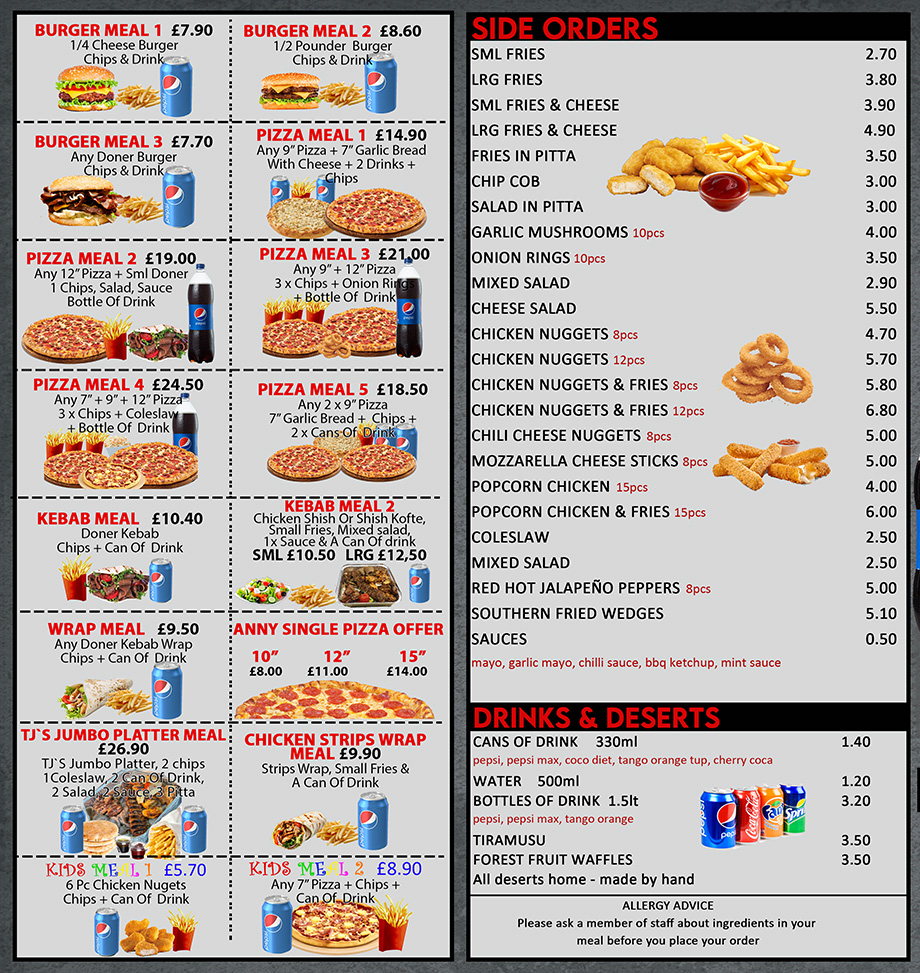 TJ's Burger & Kebabs ENDERBY - 0116 2866707 | Menu